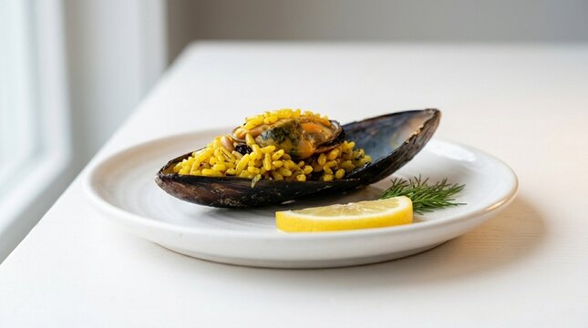 Vivid Turkish Midye Dolması Opened Saffron Rice-Stuffed Mussels on White Plate | Classic Street Food | Seafood Appetizer Stock Photo
