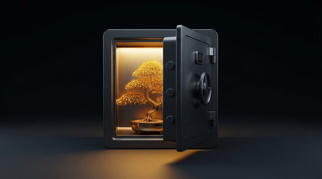 Dark titanium safe revealing a glowing golden bonsai tree, representing wealth preservation, secure portfolio growth, and legacy planning.