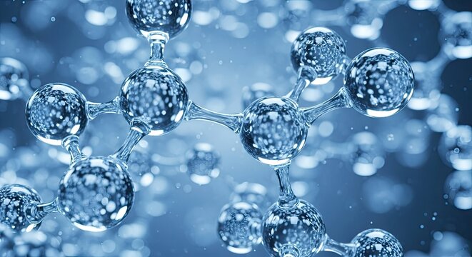 Blue molecular structure featuring transparent spheres connected by translucent bonds representing scientific concepts, advanced technology, and medical breakthroughs