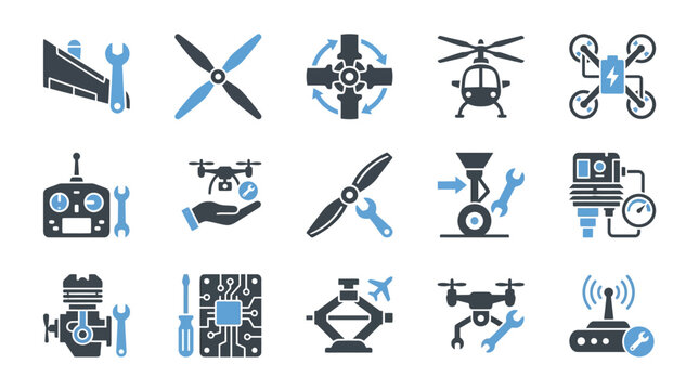 Drone and technology icons with tools.