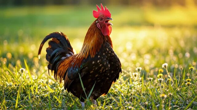 Majestic rooster crowing in a vibrant green meadow illuminated by the golden morning sunlight with blurred background
