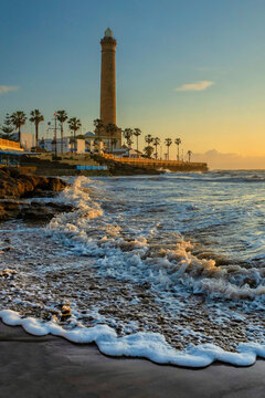 Spain. Chipiona Lighthouse on the Ocean Shore. Sea travel and tourism, Atlantic	
