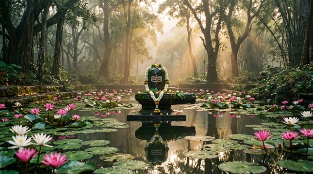 Sacred Shiva Lingam decorated with flowers in a mystical forest pond surrounded by blooming pink and white lotuses, spiritual Hindu vector illustration.