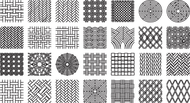 Set of woven texture patterns featuring geometric wicker and rattan weave designs in black and white vector