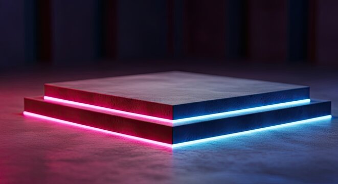 Empty product display podium with vibrant red and blue neon light accents on a dark concrete stage for modern showcase presentations and advertising