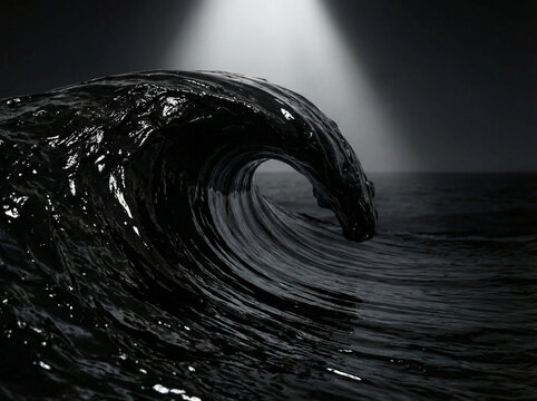 Ocean wave made entirely of oil, forming a dark flowing crest that symbolizes ocean pollution, oil spills, marine life threat, plastic waste, and ecological crisis, space for text