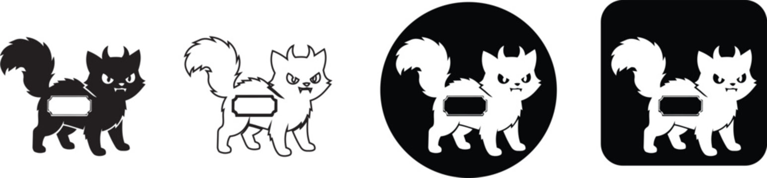 Angry cartoon cat monster character with horns and a fluffy tail icon set