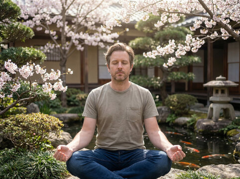 Man meditating in a serene Japanese garden surrounded by cherry blossom trees, a pond with koi fish and traditional stone lanterns in the background, for meditation and mindfulness content
