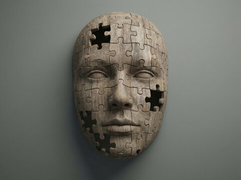 Human face sculpture made of wooden puzzle pieces with missing sections, displayed against a plain gray background, symbolizing identity, fragmentation and incompleteness, space for text