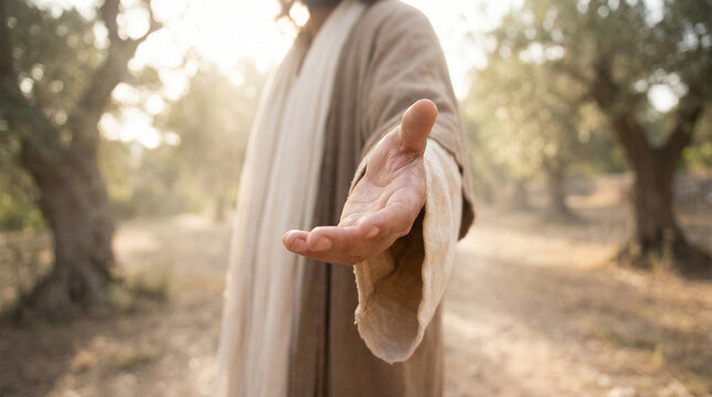 Man in traditional robe extends hand towards the viewer in a sunlit olive grove, with trees and a dirt path visible in the background. Biblical scenes, suitable for religious content, Easter concept