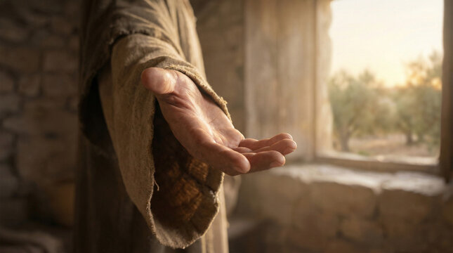 Outstretched hand of a man in a robe reaching towards a window with a natural landscape visible in the background. Biblical scenes, suitable for religious content, Easter concept