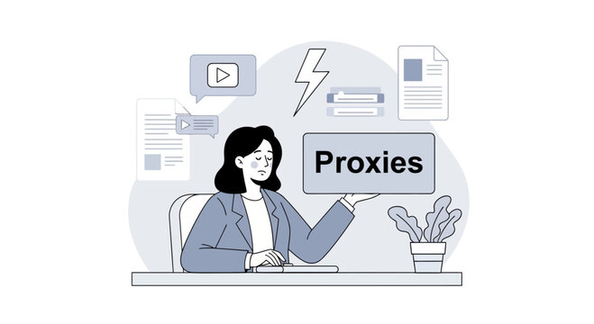 Businesswoman holding sign with "Proxies" text, symbolizing proxy server usage, online privacy, and data management.