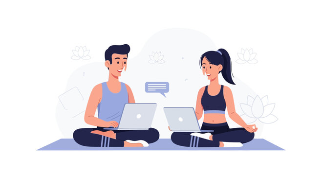 Couple Practicing Yoga Online with Laptops, Connecting Through Technology for Wellness