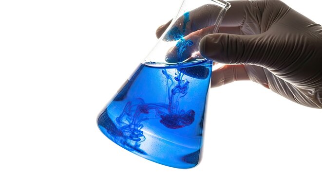 Gloved hand holding a conical flask filled with bright blue liquid, showing a darker solution swirling and mixing during a scientific chemical reaction in a laboratory setting