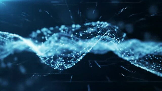 Dynamic wide video of bright blue, luminous particles forming an intricate, evolving neural network in a vast, dark digital space with bokeh, conveying rapid information flow. Future of digital