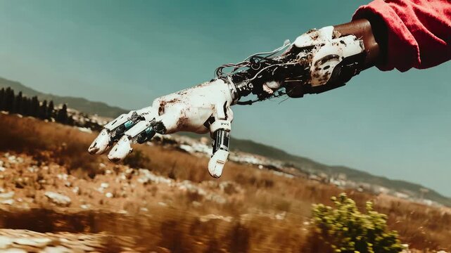 Close-up of a prosthetic arm reaching out in a dry, arid landscape