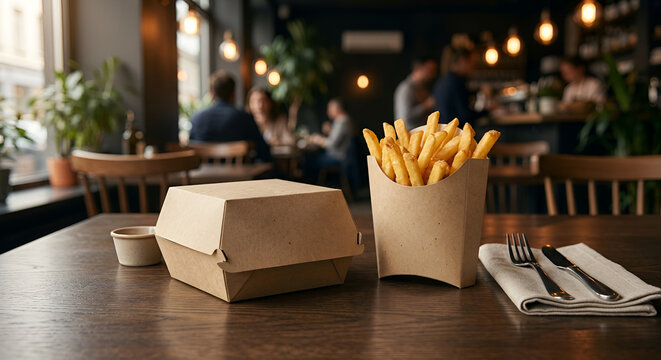 Eco-Friendly Fast Food Packaging Mockup with French Fries in Restaurant Setting