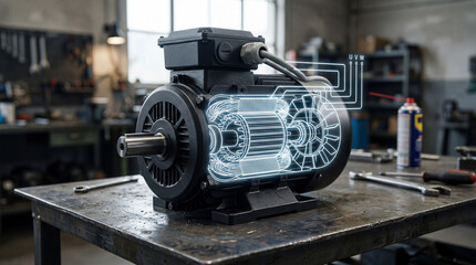 Fototapeta premium Illuminated core of a powerful electric motor brought to life with a radiant digital display within an industrial workshop