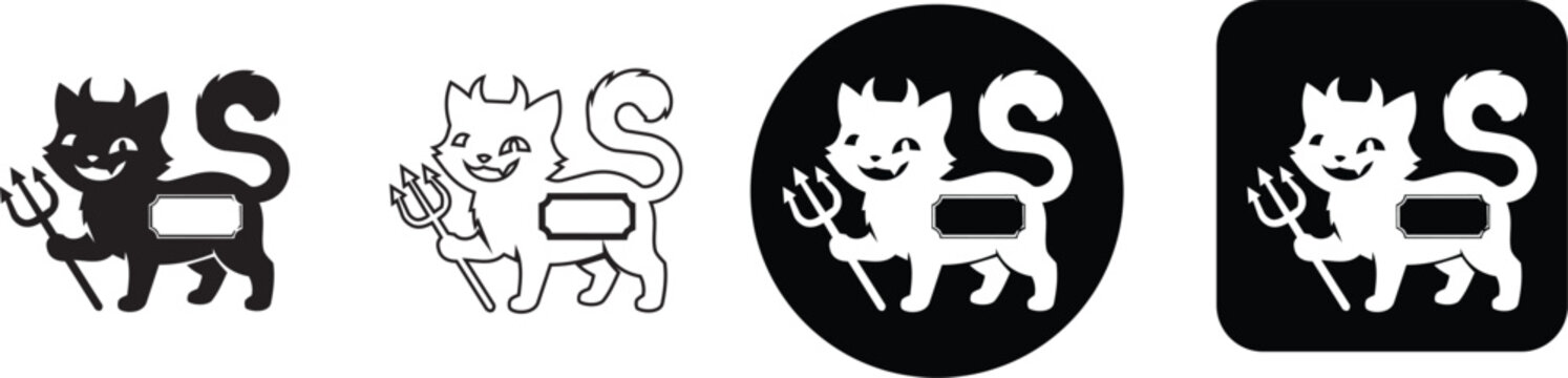 Cute cartoon devil cat holding a pitchfork vector illustration icon set