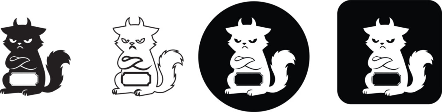 Grumpy and angry cartoon cat character with horns and crossed arms icon set