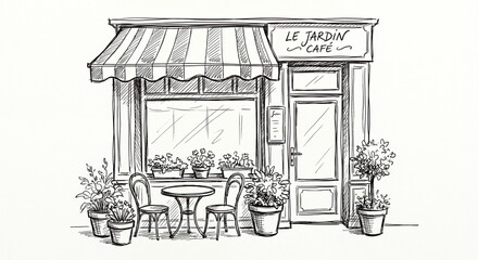 Fototapeta premium Hand Drawn European Coffee Shop Facade Line Art Illustration