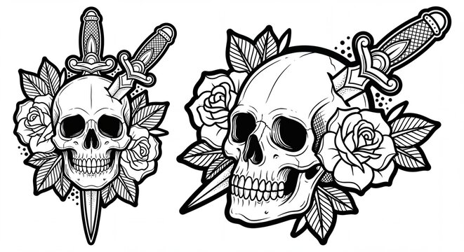 Vintage Skull Tattoo Artwork Featuring Roses and Daggers in Black and White