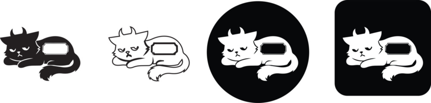 Cute sleeping Halloween black cat sticker and icon set with blank banner template
