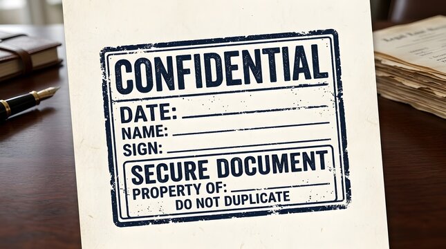 Confidential secure document stamp with do not duplicate text on office desk folder