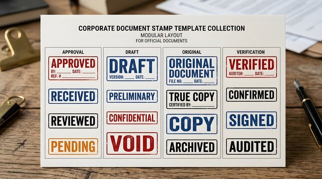 Corporate document stamp template collection with approved, draft, confidential, and verified stamps