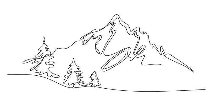 Minimalist single line drawing of a mountain range with pine trees in the foreground