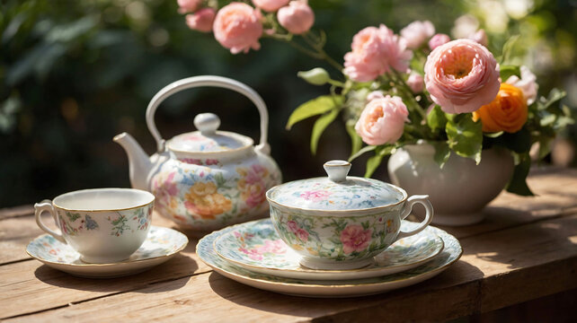 Elegant garden tea party with vintage floral teacups and fresh flower bouquet