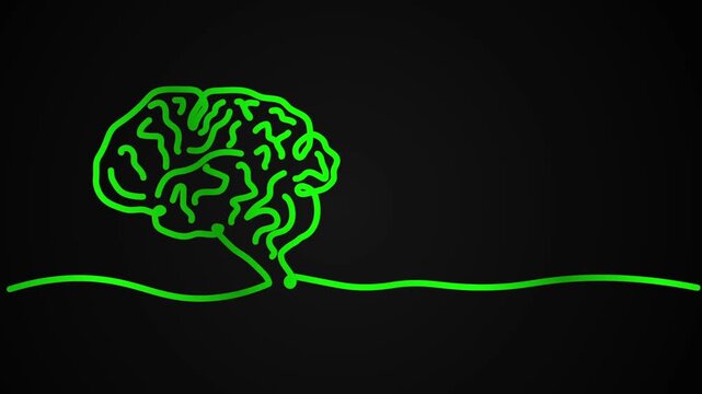 Human brain animation of one line drawing symbol sign illustration design. single line hand-drawn full length motion. isolated continuous one line art monoline green color on black background bg