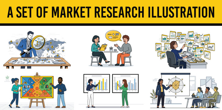 Market research vector illustration set featuring business professionals analyzing data charts graphs and consumer behavior in a modern office environment