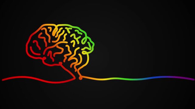 Human brain animation of one line drawing symbol sign illustration design. single line hand-drawn full length motion. isolated continuous one line art monoline rainbow color on black background bg