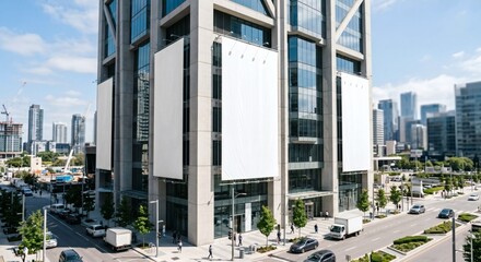 Obraz premium Blank white massive advertising banners mockup on skyscraper facade