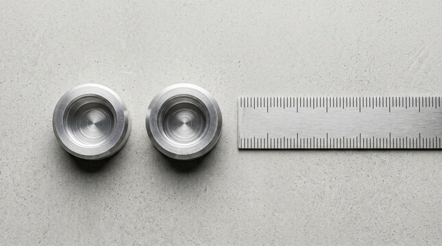 Piezas de Aluminio Torneado y Regla Met&aacute;lica Est&aacute;ndar en Fondo de Hormig&oacute;n Pulido