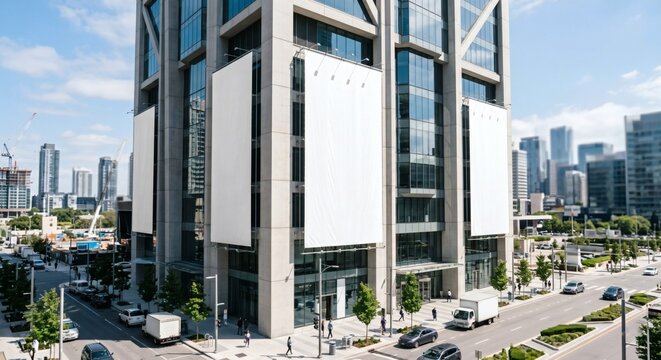 Blank white massive advertising banners mockup on skyscraper facade