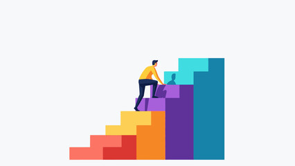 Fototapeta premium Man climbing colorful stairs to success growth progress