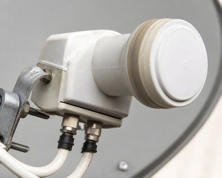 Extreme close up of a satellite dish LNB downconverter showing detailed metal and cables textures