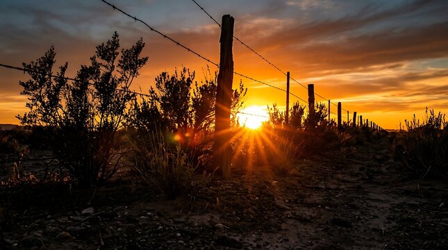 Barbwire fence at sunset with glowing sunburst in rural landscape