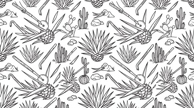 Agave plant and cactus seamless pattern with hand drawn desert flora elements for textile and wallpaper design