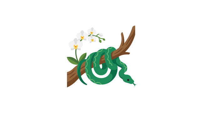 Green Snake Coiled on Branch with White Orchid Flowers.