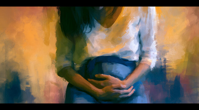 Discomfort due to bladder infection: women often experience cystitis and pelvic area inflammation, accompanied by abdominal and urinary pain. Seek medical intervention, a common female health issue. M