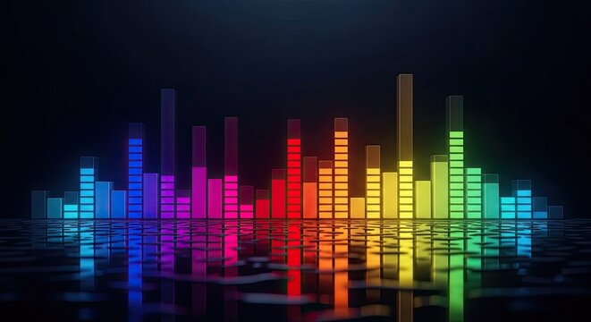''Vibrant glowing sound equalizer bars displaying a full spectrum of rainbow colors reflecting on a dark wet surface creating a dynamic audio visualization''