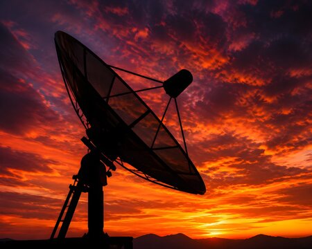 Low angle shot of satellite dish silhouette against vivid sunset sky with dramatic warm colors