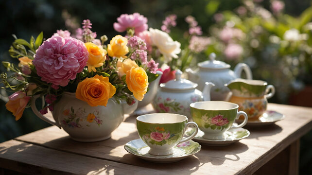 Elegant garden tea party with vintage floral teacups and fresh flower bouquet