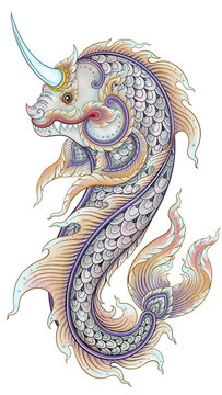 Traditional Thai Art of a  Himmapan Mythical Horned Fish Sringhamasya Illustration