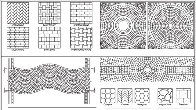 Paving patterns and stone masonry layout guide showing various brick and cobblestone arrangements for architectural design projects