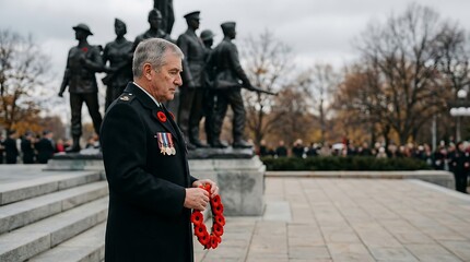 Elderly veteran in military uniform holding poppy wreath at memorial