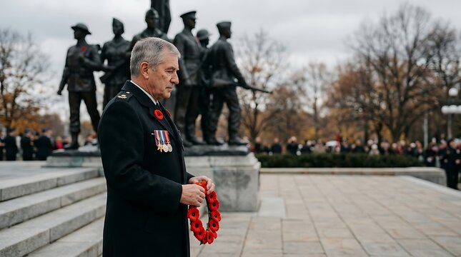 Elderly veteran in military uniform holding poppy wreath at memorial